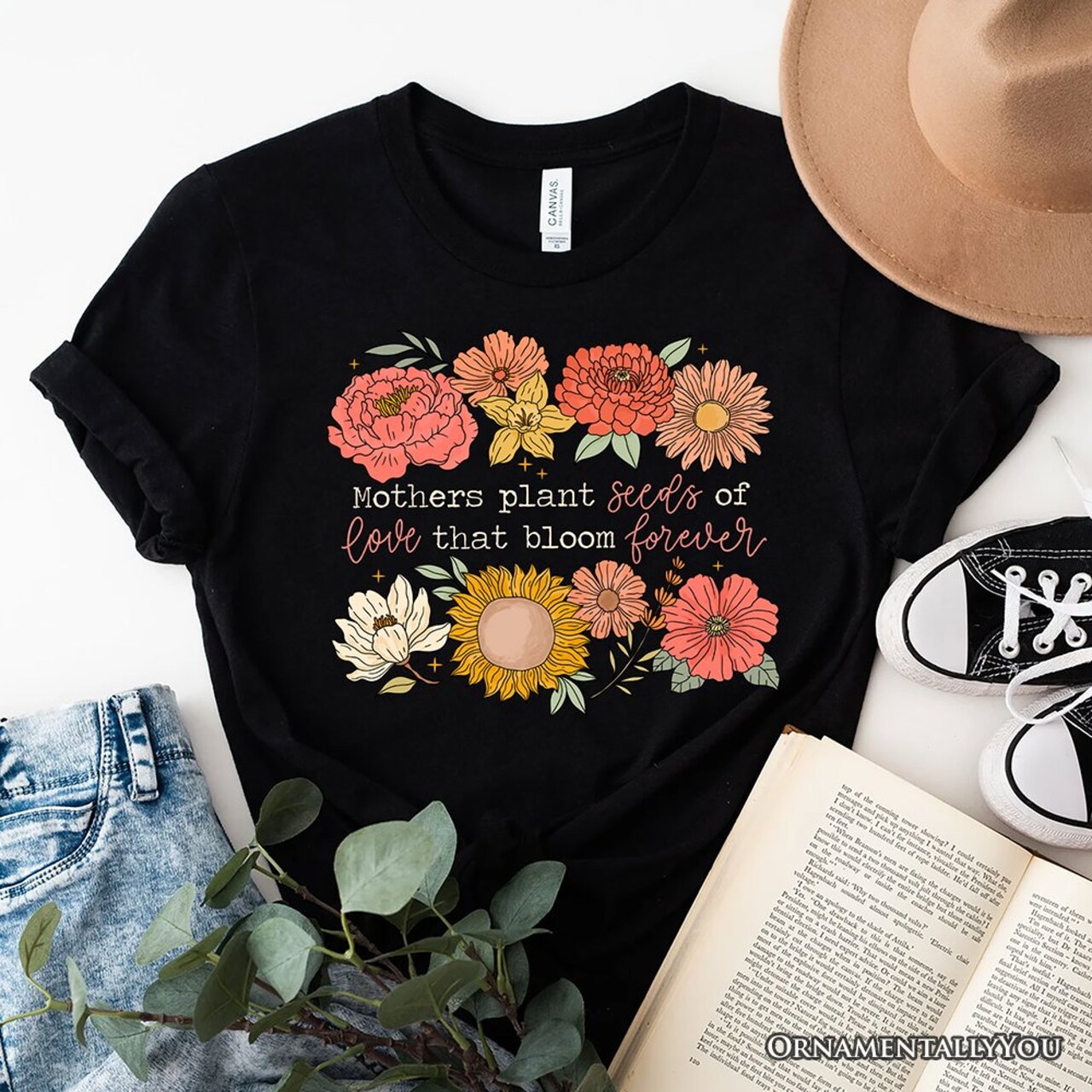Seeds of Love Mama Floral T-Shirt, White, Natural and Black Retro Tee for Sentimental Mothers